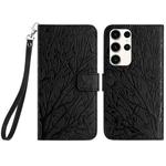 For Samsung Galaxy S22 Ultra 5G Tree Birds Embossed Pattern Leather Phone Case(Black)