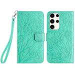 For Samsung Galaxy S22 Ultra 5G Tree Birds Embossed Pattern Leather Phone Case(Green)