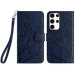 For Samsung Galaxy S22 Ultra 5G Tree Birds Embossed Pattern Leather Phone Case(Blue)