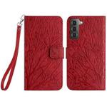 For Samsung Galaxy S21 FE 5G Tree Birds Embossed Pattern Leather Phone Case(Red)