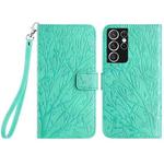 For Samsung Galaxy S21 Ultra 5G Tree Birds Embossed Pattern Leather Phone Case(Green)