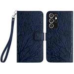 For Samsung Galaxy S21 Ultra 5G Tree Birds Embossed Pattern Leather Phone Case(Blue)