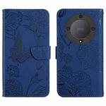 For Honor X9b HT03 Skin Feel Butterfly Embossed Flip Leather Phone Case(Blue)