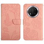 For Honor X9c HT03 Skin Feel Butterfly Embossed Flip Leather Phone Case(Pink)