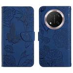 For Honor X9c HT03 Skin Feel Butterfly Embossed Flip Leather Phone Case(Blue)