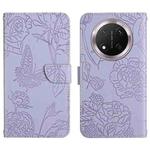 For Honor X9c HT03 Skin Feel Butterfly Embossed Flip Leather Phone Case(Purple)