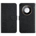 For Honor X9c Smart HT03 Skin Feel Butterfly Embossed Flip Leather Phone Case(Black)