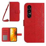 For Sony Xperia 1 VII Skin Feel Sun Flower Embossed Flip Leather Phone Case with Lanyard(Red)