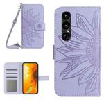 For Sony Xperia 1 VII Skin Feel Sun Flower Embossed Flip Leather Phone Case with Lanyard(Purple)