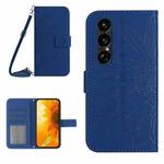 For Sony Xperia 1 VII Skin Feel Sun Flower Embossed Flip Leather Phone Case with Lanyard(Dark Blue)