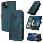 For iPhone 13 Datura Flower Embossed Flip Leather Phone Case(Dark Green)