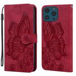 For iPhone 15 Pro Max Retro Skin Feel Butterflies Embossing Leather Phone Case(Red)