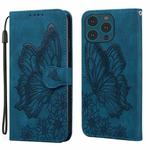 For iPhone 15 Pro Max Retro Skin Feel Butterflies Embossing Leather Phone Case(Blue)