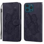 For iPhone 15 Pro Retro Skin Feel Butterflies Embossing Leather Phone Case(Black)