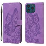 For iPhone 15 Pro Retro Skin Feel Butterflies Embossing Leather Phone Case(Purple)