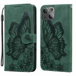 For iPhone 15 Retro Skin Feel Butterflies Embossing Leather Phone Case(Green)