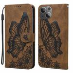 For iPhone 15 Retro Skin Feel Butterflies Embossing Leather Phone Case(Brown)