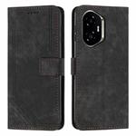 For Honor 300 Skin Feel Stripe Pattern Leather Phone Case with Lanyard(Black)