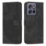 For Motorola Edge 50 Neo Skin Feel Stripe Pattern Leather Phone Case with Lanyard(Black)