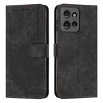 For Motorola Moto G 5G 2025 Skin Feel Stripe Pattern Leather Phone Case with Lanyard(Black)