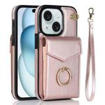 For iPhone 15 Plus Ring Holder RFID Card Slot Phone Case(Rose Gold)