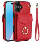 For iPhone 16 Plus Ring Holder RFID Card Slot Phone Case(Red)