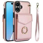 For iPhone 16 Plus Ring Holder RFID Card Slot Phone Case(Rose Gold)