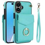 For iPhone 16 Plus Ring Holder RFID Card Slot Phone Case(Mint Green)