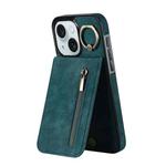 For iPhone 15 Plus Retro Ring and Zipper RFID Card Slot Phone Case(Blue)