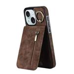 For iPhone 15 Plus Retro Ring and Zipper RFID Card Slot Phone Case(Brown)