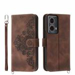 For Motorola Moto G85 Skin-feel Flowers Embossed Wallet Leather Phone Case(Brown)