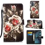 For Motorola Moto G14 Colored Drawing Pattern Plain Weave Leather Phone Case(Roses On Black)
