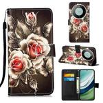 For Huawei Mate 60 Colored Drawing Pattern Plain Weave Leather Phone Case(Roses On Black)