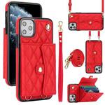 For iPhone 12 Pro Max Crossbody Rhombic Horizontal Wallet Leather Phone Case(Red)