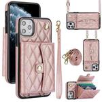For iPhone 12 Pro Max Crossbody Rhombic Horizontal Wallet Leather Phone Case(Rose Gold)