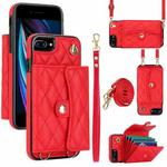 For iPhone 8 Plus / 7 Plus Crossbody Rhombic Horizontal Wallet Leather Phone Case(Red)