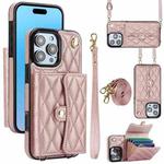 For iPhone 16 Pro Crossbody Rhombic Horizontal Wallet Leather Phone Case(Rose Gold)