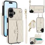 For iPhone 16 Crossbody Rhombic Horizontal Wallet Leather Phone Case(White)