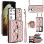 For Samsung Galaxy S21 Ultra 5G Crossbody Rhombic Horizontal Wallet Leather Phone Case(Rose Gold)