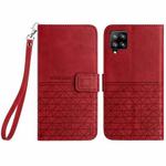 For Samsung Galaxy A22 4G Rhombic Texture Leather Phone Case with Lanyard(Red)