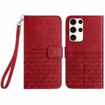 For Samsung Galaxy S22 Ultra 5G Rhombic Texture Leather Phone Case with Lanyard(Red)