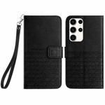 For Samsung Galaxy S22 Ultra 5G Rhombic Texture Leather Phone Case with Lanyard(Black)