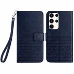 For Samsung Galaxy S22 Ultra 5G Rhombic Texture Leather Phone Case with Lanyard(Blue)