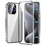 For iPhone 15 Pro Max Magnetic Double-buckle HD Tempered Glass Phone Case(Silver)