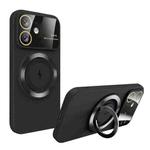For iPhone 12 Large Window MagSafe Magnetic Holder Phone Case(Black)