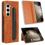 For Samsung Galaxy Z Fold5 Magnetic Buckle Retro Texture Leather Phone Case with Pen Slot(Brown)
