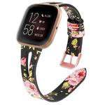 For Fitbit Versa 2 Leather Middle Opening Watch Band(Black Pink Flower)