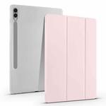 For Samsung Galaxy Tab S10 FE / S9 3-folding Transparent TPU Smart Leather Tablet Case with Pen Slot(Pink)