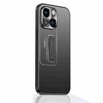 For iPhone 15 Plus Frosted Metal Hybrid TPU Holder Phone Case(Black)