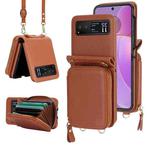 For Motorola Razr 40 Long and Short Lanyard Zipper Card Slot Foldable Phone Case(Brown)